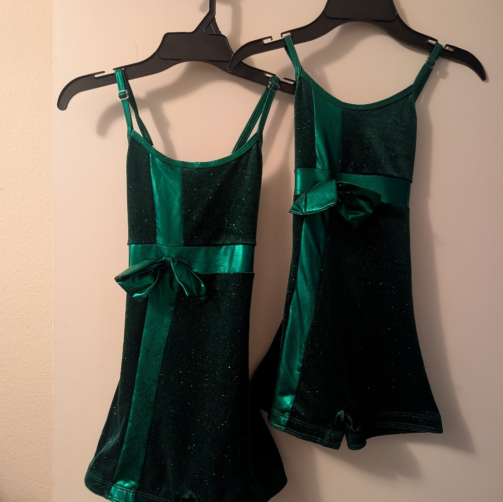Girls' Emerald Green Velvet Dance Romper with Bow
